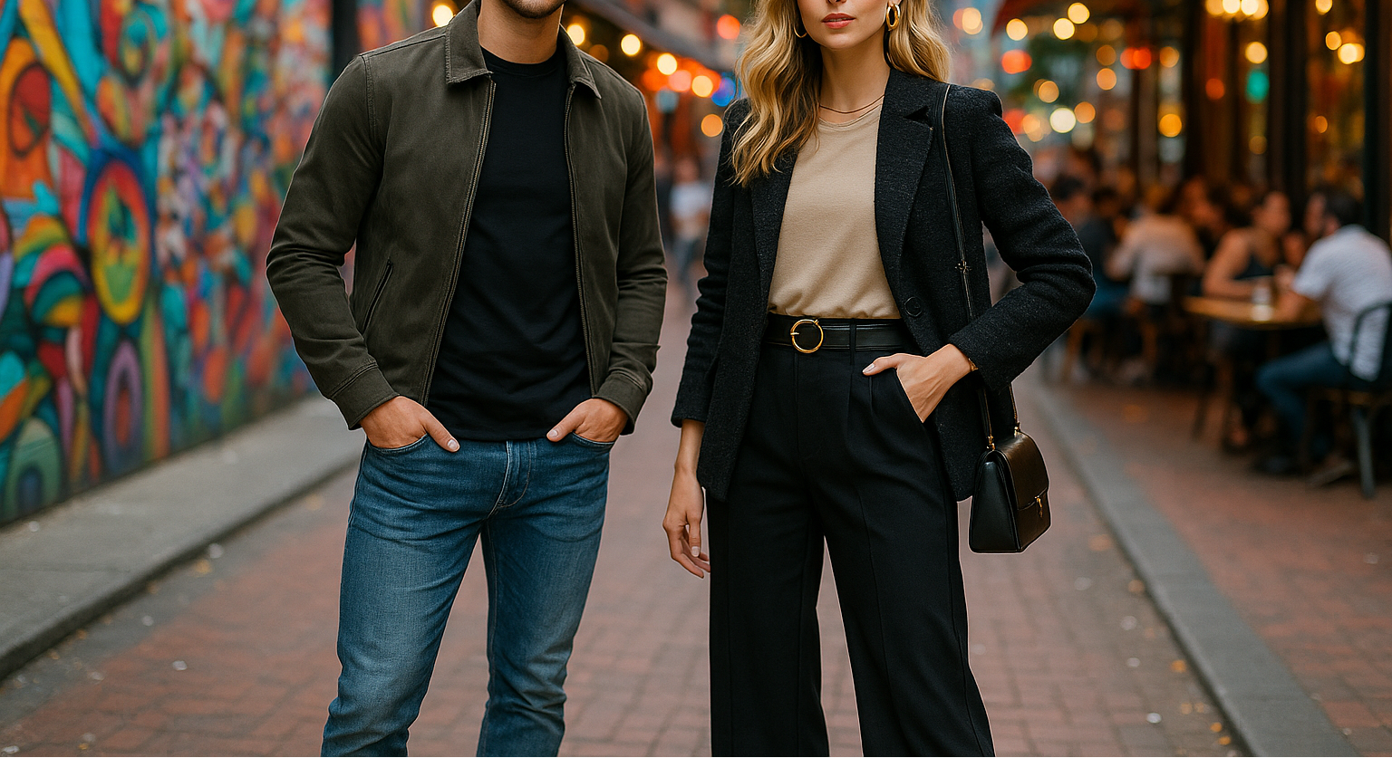 A man and a woman wearing casual outfits but are extremely stylish, and are in a bit lively environment.